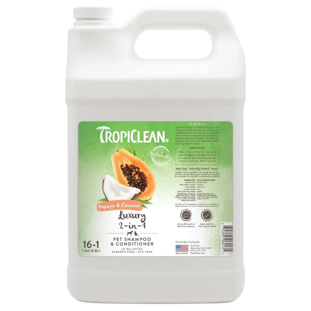 Tropiclean Papaya & Coconut 2in1 Dog Grooming Shampoo Gallon 16:1